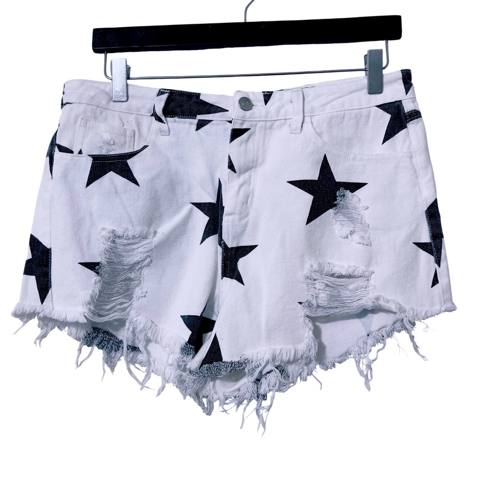 Peach Love Women White Star Print Distressed Denim Shorts Size L High Waisted
